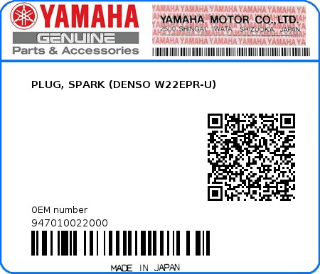 Product image: Yamaha - 947010022000 - PLUG, SPARK (DENSO W22EPR-U)   0