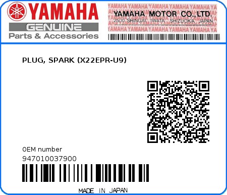 Product image: Yamaha - 947010037900 - PLUG, SPARK (X22EPR-U9)  0