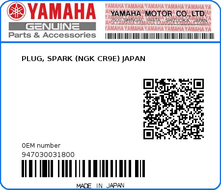 Product image: Yamaha - 947030031800 - PLUG, SPARK (NGK CR9E) JAPAN  0