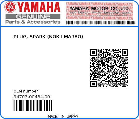 Product image: Yamaha - 94703-00434-00 - PLUG, SPARK (NGK LMAR8G)  0