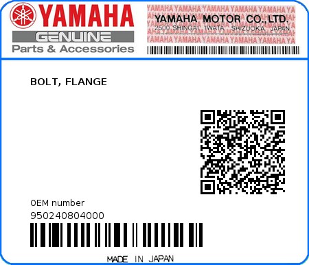 Product image: Yamaha - 950240804000 - BOLT, FLANGE   0