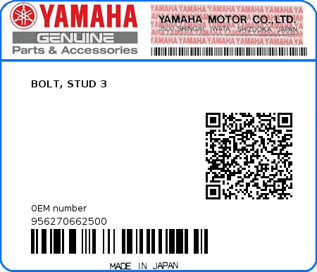 Product image: Yamaha - 956270662500 - BOLT, STUD 3  0