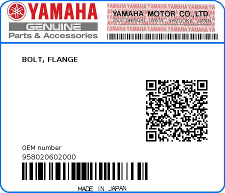 Product image: Yamaha - 958020602000 - BOLT, FLANGE  0