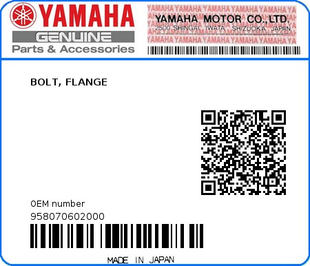 Product image: Yamaha - 958070602000 - BOLT, FLANGE  0