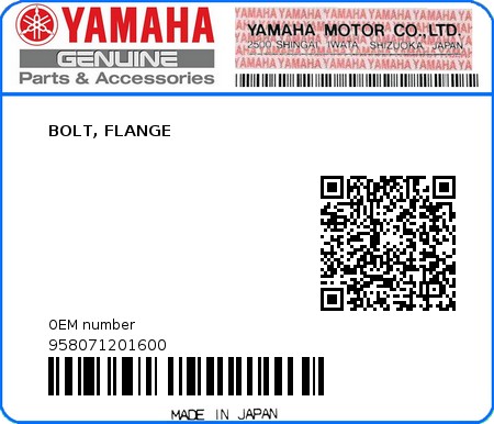 Product image: Yamaha - 958071201600 - BOLT, FLANGE   0