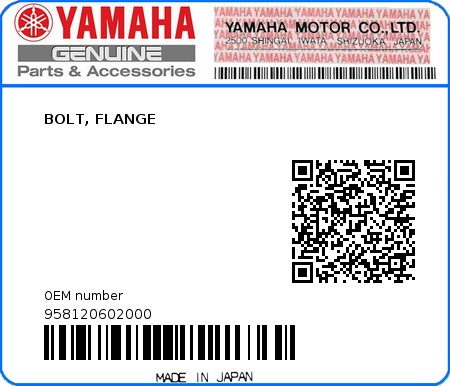 Product image: Yamaha - 958120602000 - BOLT, FLANGE  0