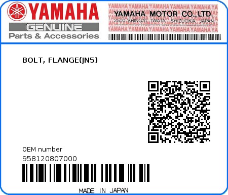 Product image: Yamaha - 958120807000 - BOLT, FLANGE(JN5)  0