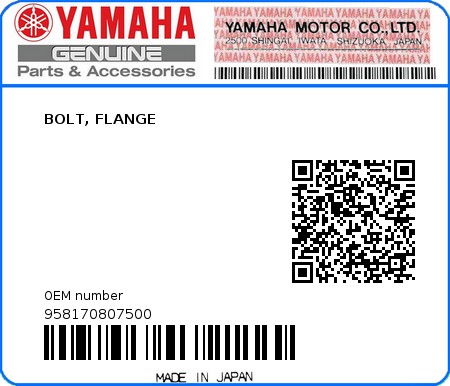 Product image: Yamaha - 958170807500 - BOLT, FLANGE  0