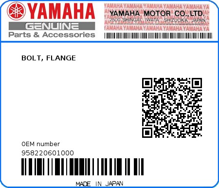 Product image: Yamaha - 958220601000 - BOLT, FLANGE  0