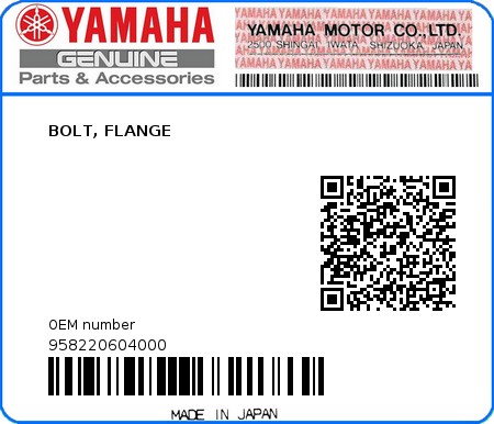 Product image: Yamaha - 958220604000 - BOLT, FLANGE  0