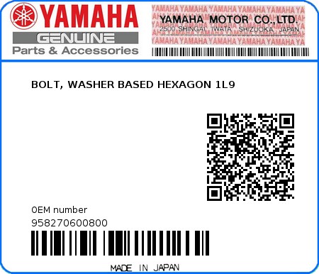 Product image: Yamaha - 958270600800 - BOLT, WASHER BASED HEXAGON 1L9  0