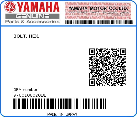 Product image: Yamaha - 9700106020BL - BOLT, HEX.   0