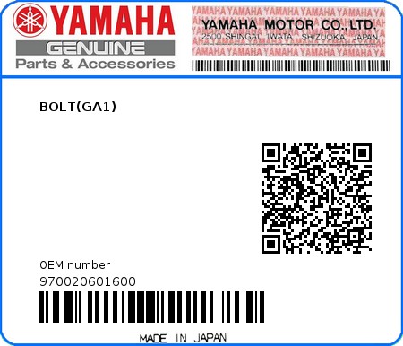 Product image: Yamaha - 970020601600 - BOLT(GA1)  0