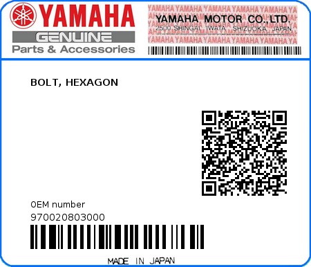 Product image: Yamaha - 970020803000 - BOLT, HEXAGON  0