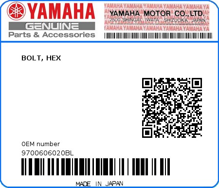 Product image: Yamaha - 9700606020BL - BOLT, HEX  0