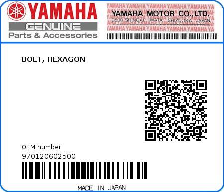 Product image: Yamaha - 970120602500 - BOLT, HEXAGON  0