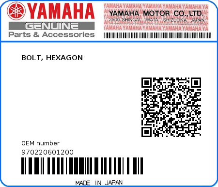Product image: Yamaha - 970220601200 - BOLT, HEXAGON  0