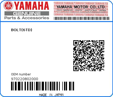 Product image: Yamaha - 970220802000 - BOLT(6TD)  0