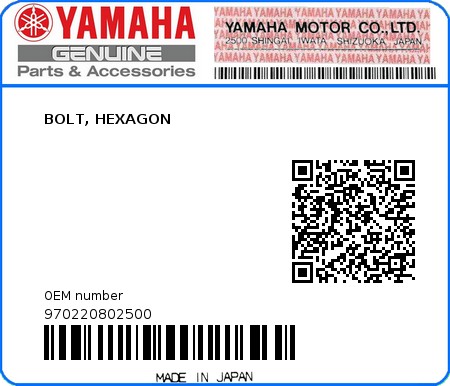 Product image: Yamaha - 970220802500 - BOLT, HEXAGON  0