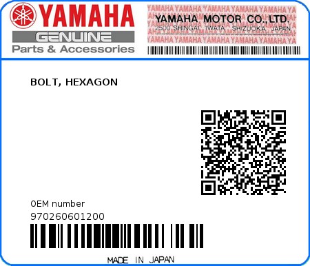 Product image: Yamaha - 970260601200 - BOLT, HEXAGON  0