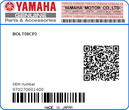 Product image: Yamaha - 970270601400 - BOLT(8CP)  0