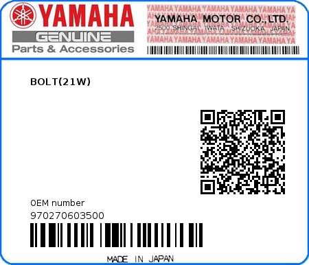 Product image: Yamaha - 970270603500 - BOLT(21W)  0