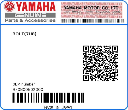 Product image: Yamaha - 970800602000 - BOLT(7U8)  0