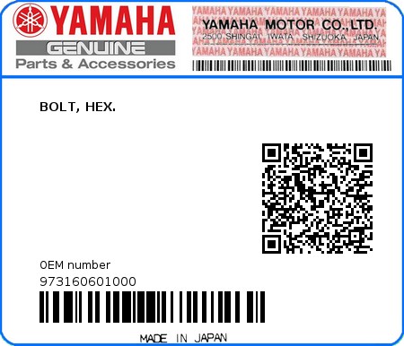 Product image: Yamaha - 973160601000 - BOLT, HEX.   0