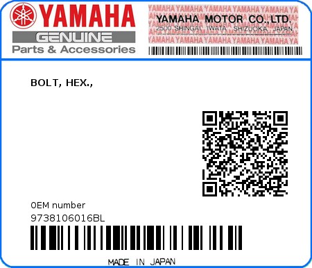 Product image: Yamaha - 9738106016BL - BOLT, HEX.,  0