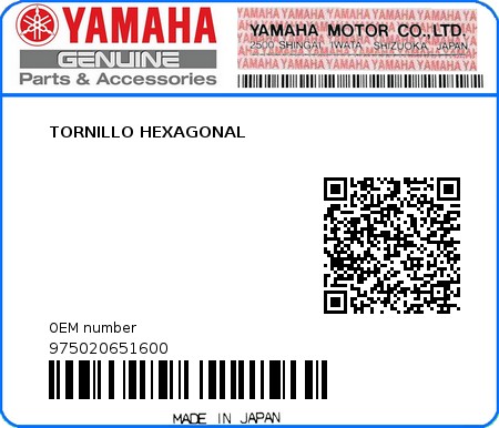 Product image: Yamaha - 975020651600 - TORNILLO HEXAGONAL  0