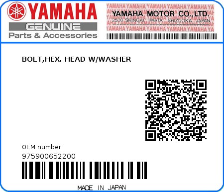 Product image: Yamaha - 975900652200 - BOLT,HEX. HEAD W/WASHER  0