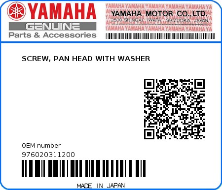 Product image: Yamaha - 976020311200 - SCREW, PAN HEAD WITH WASHER  0