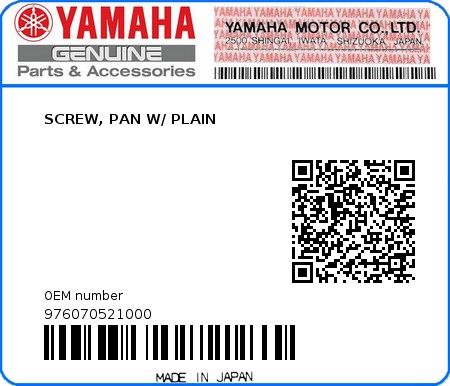 Product image: Yamaha - 976070521000 - SCREW, PAN W/ PLAIN  0
