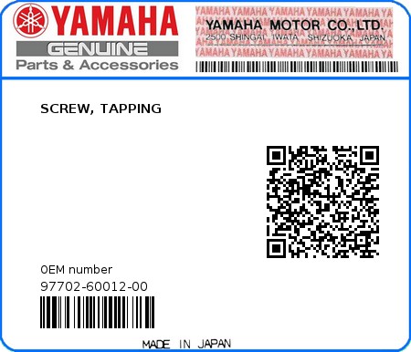 Product image: Yamaha - 97702-60012-00 - SCREW, TAPPING  0