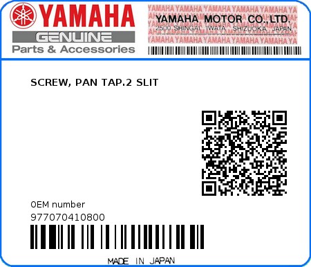 Product image: Yamaha - 977070410800 - SCREW, PAN TAP.2 SLIT  0