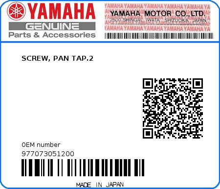 Product image: Yamaha - 977073051200 - SCREW, PAN TAP.2  0