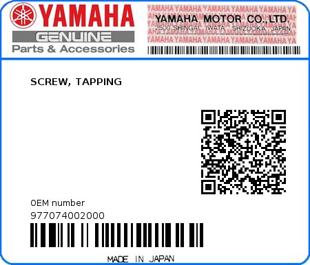 Product image: Yamaha - 977074002000 - SCREW, TAPPING   0