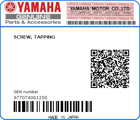 Product image: Yamaha - 977074061200 - SCREW, TAPPING   0