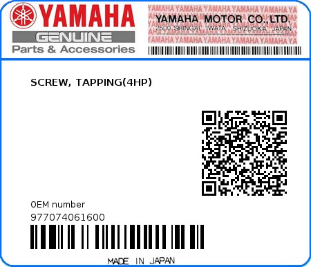 Product image: Yamaha - 977074061600 - SCREW, TAPPING(4HP)  0