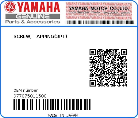 Product image: Yamaha - 977075011500 - SCREW, TAPPING(3PT)  0