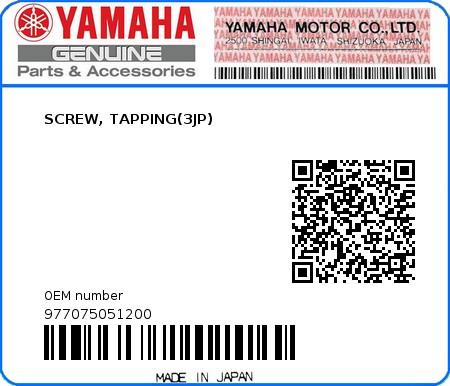 Product image: Yamaha - 977075051200 - SCREW, TAPPING(3JP)  0