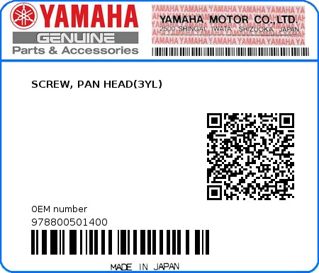 Product image: Yamaha - 978800501400 - SCREW, PAN HEAD(3YL)  0