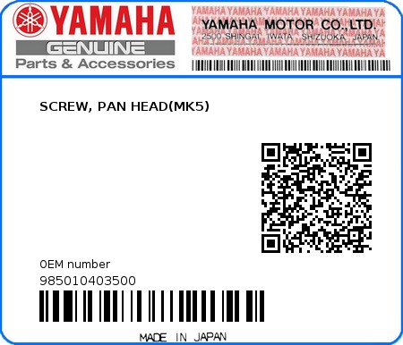 Product image: Yamaha - 985010403500 - SCREW, PAN HEAD(MK5)  0