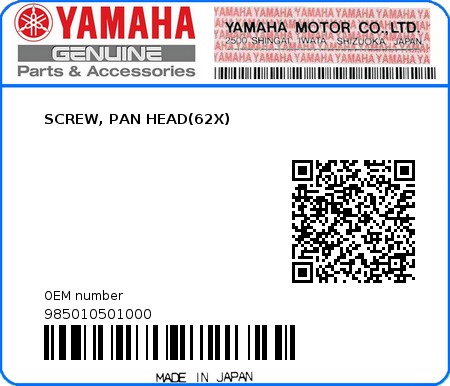 Product image: Yamaha - 985010501000 - SCREW, PAN HEAD(62X)  0