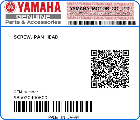 Product image: Yamaha - 985020400600 - SCREW, PAN HEAD  0
