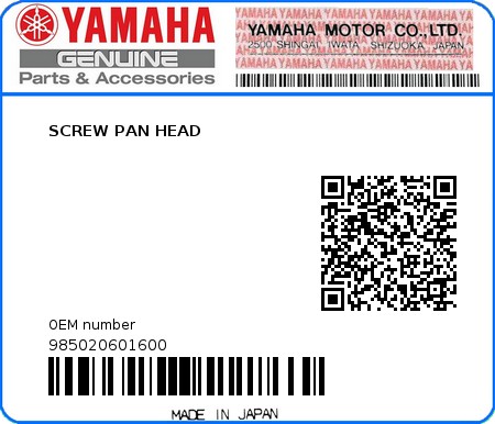 Product image: Yamaha - 985020601600 - SCREW PAN HEAD  0