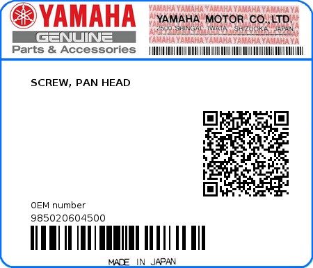 Product image: Yamaha - 985020604500 - SCREW, PAN HEAD  0