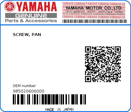 Product image: Yamaha - 985020606000 - SCREW, PAN  0