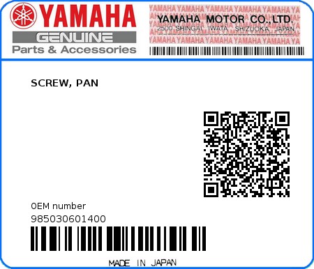 Product image: Yamaha - 985030601400 - SCREW, PAN  0