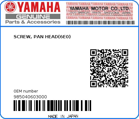 Product image: Yamaha - 985040603000 - SCREW, PAN HEAD(6E0)  0